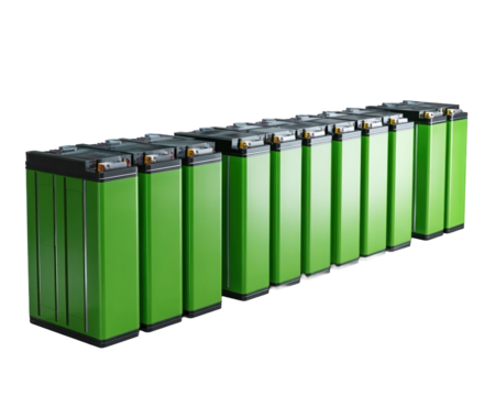 Green energy storage batteries in a line.