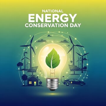 National energy conservation day concept with light bulb and wind turbines