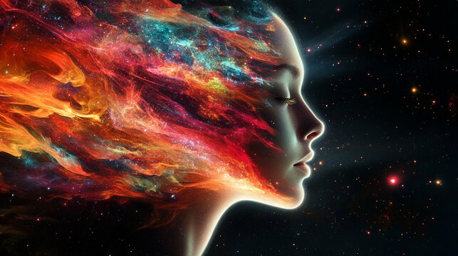 Surreal depiction of mind expanding into fractal galaxy of ideas with luminous patterns representing creativity imagination thought growth and limitless intellectual exploration