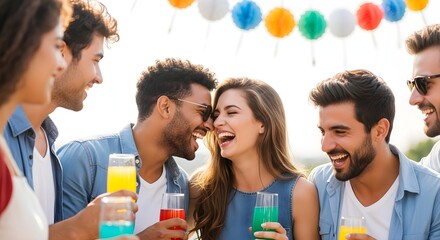Friends enjoying a colorful outdoor party with vibrant drinks and laughter