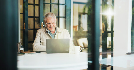 Happy, home and senior man on laptop for online banking, digital payment and financial account....