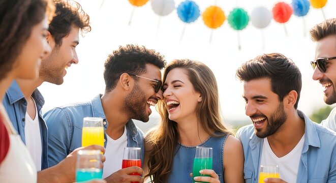 Friends enjoying a colorful outdoor party with vibrant drinks and laughter - Powered by Adobe