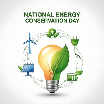 National energy conservation day with renewable energy icons and light bulb