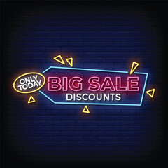 big sale discounts neon signboard with brick wall background vector