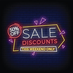 sale discounts neon signboard with brick wall background vector