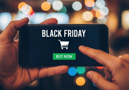 Hands holding smartphone displaying Black Friday shopping with buy now button online