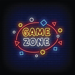 game zone neon signboard with brick wall background vector