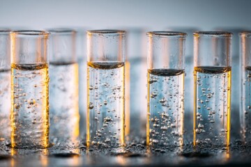 Close-up of scientific test tubes filled with marine sediment samples in a laboratory setting. Concept of deep sea research, geology, science, and environmental studies.