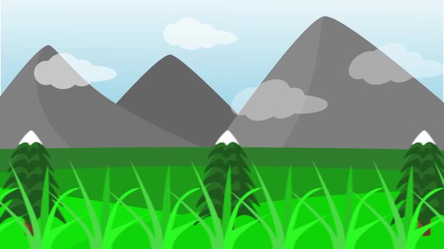 Scenery of mountains, trees, and green fields viewed from inside a moving car. Calm travel atmosphere, ideal for nature-themed videos, travel projects, and backgrounds. Cartoon animation 