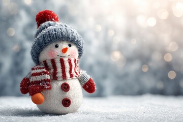 A charming knitted snowman, adorned with a cozy grey hat featuring a vibrant red pompom, a striped red and white scarf, and matching mittens, stands cheerfully in a bed of shimmering snow. Its button 