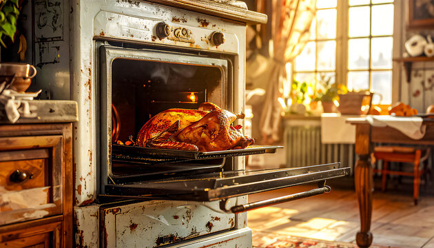 A golden-brown turkey is baking in the old vintage oven