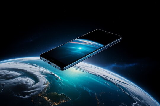 Futuristic smartphone floating above planet Earth with glowing atmospheric light and starry background