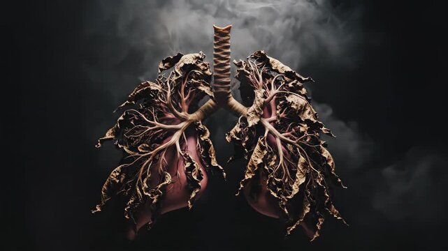 Artistic depiction of human lungs, withered and surrounded by smoke, representing damage.