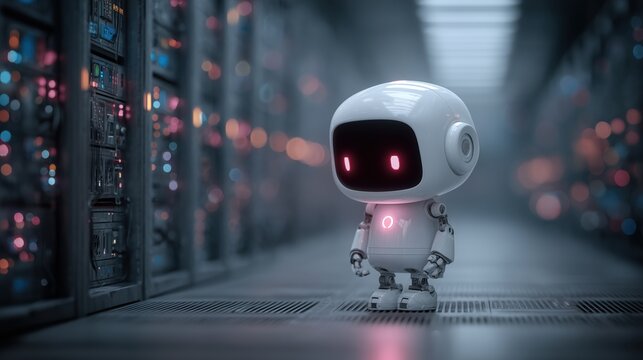 Cute robotic character in a futuristic server room with glowing lights and a high-tech atmosphere - Powered by Adobe