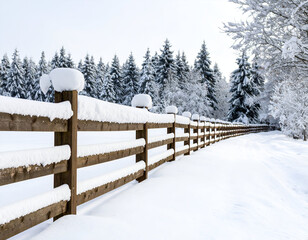 Rustic wooden fence covered in snow, leading through a snowy forest path during winter