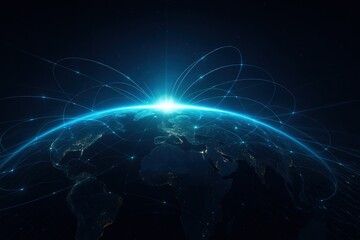 Obraz premium 6G Global network connections illuminate Earth, showcasing vibrant lights and data flow across continents, symbolizing technology