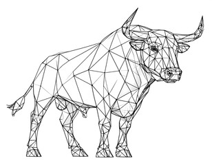 Geometric outline of a bull standing, rendered in a wireframe style