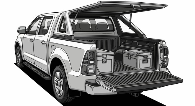 Pickup truck with canopy and open tailgate showing cargo boxes.