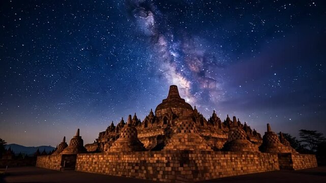Majestic Borobudur Temple Under a Starry Night Sky Milky Way Galaxy.