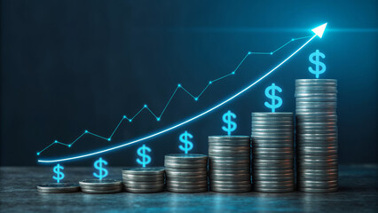 Wealth plan creation business goals finance growth chart showing stacked coins rising with arrow and glowing dollar symbols indicating financial progress and strategic investment