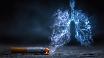 Cigarette burning on the ground with smoky lungs forming in the backdrop at dusk