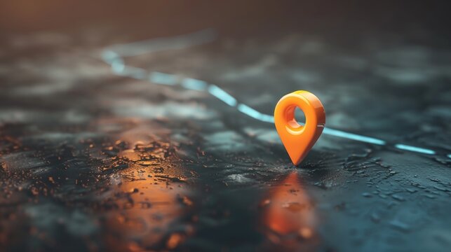 3D floating orange location pin on a dark background, symbolizing navigation and GPS technology for maps and travel