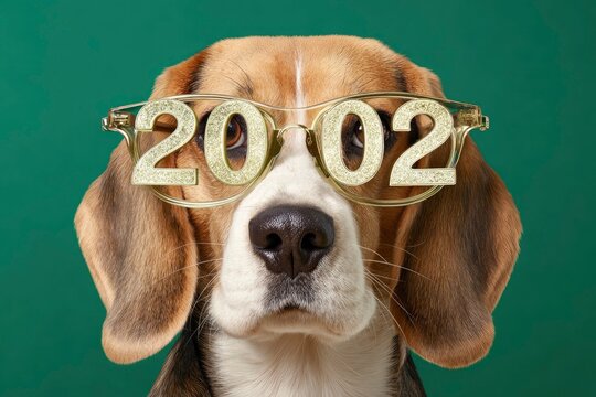 A charming and expressive close-up portrait of a beagle-like dog donning unique, glittery gold novelty glasses that prominently display the numerical year "2002." The adorable canine looks directly in