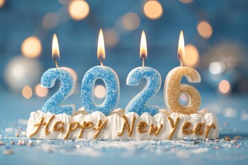 A vibrant and celebratory close-up featuring lit candles forming the numbers "2026," set against a dreamy blue background adorned with soft, golden bokeh lights. The festive display rests on a decorat
