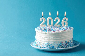 This festive image features a beautifully decorated white layer cake, generously adorned with a lively assortment of blue, white, pink, and gold sprinkles. Placed prominently atop are four illuminated