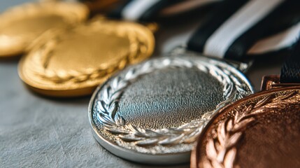 Shining medals of achievement displayed on a textured surface in warm lighting