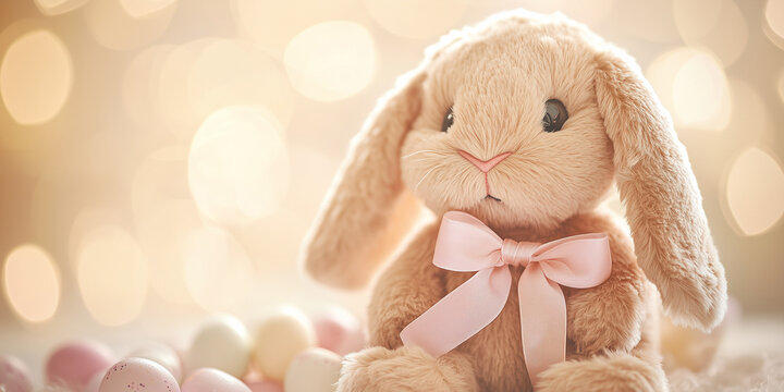 Plush bunny toy with ribbon and pastel eggs on blurred background  