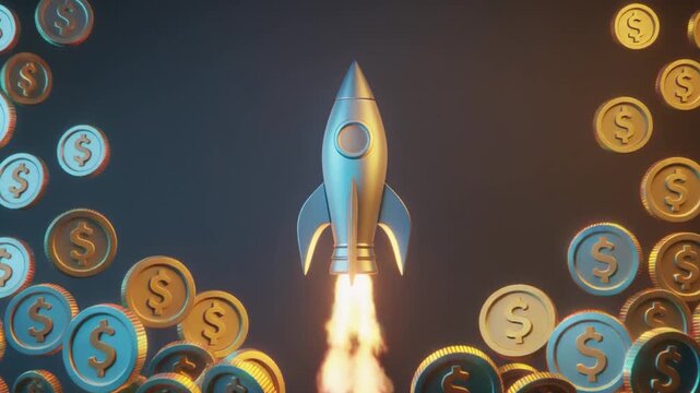3D rendering of a rocket ship launching upwards surrounded by gold and silver dollar coins on a dark background with a sense of growth and prosperity.