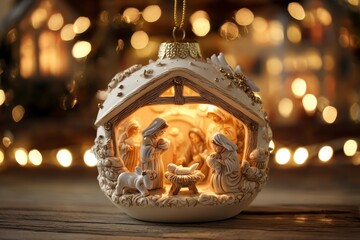An exquisitely crafted ceramic ornament, glowing warmly from within, captures a tender, traditional scene. Intricately detailed figures of a mother, father, and a baby nestled in a crib, surrounded by