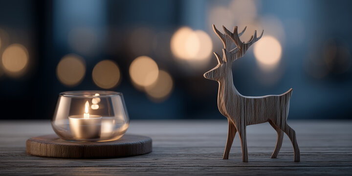 Decorative wooden deer figurine by candle on wooden table  