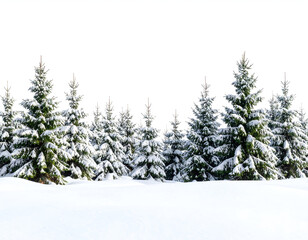 A beautiful winter landscape of snow-covered evergreen trees on a white background, perfect for seasonal themes