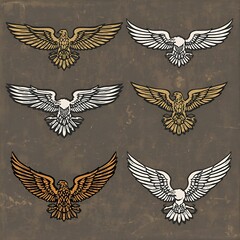 Wing badges. Eagle wings set, retro insignias, winged signs for aviation business emblems tattoos labels