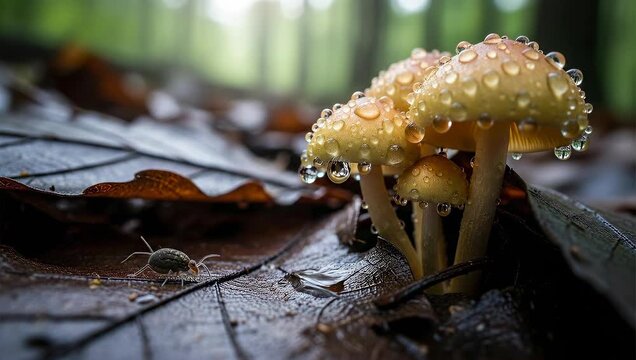 Macro View of Tiny Mushrooms with Raindrops on a Forest Floor Leaf.