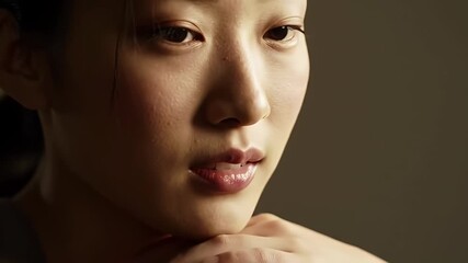 Close-Up Portrait of a Young Asian Woman with Gentle Expression and Soft Lighting