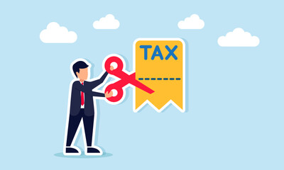 Businessman cutting a receipt or coupon labeled TAX with scissors illustration of tax amnesty from a country