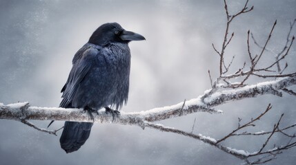 Obraz premium Majestic raven perched on a snowy branch in a serene winter landscape