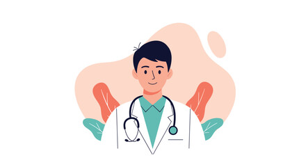 Fototapeta premium A friendly male doctor illustration wearing a white lab coat and stethoscope, representing healthcare professionals and medical services.
