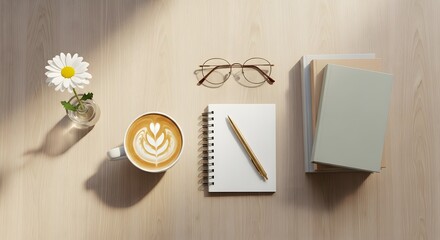 A neatly arranged workspace featuring a cup of latte with latte art, a small potted plant, a pair of glasses, a notebook with a pen, and a stack of books on a light wooden surface