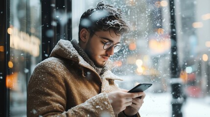 Young man checks smartphone while snow falls in city during winter evening