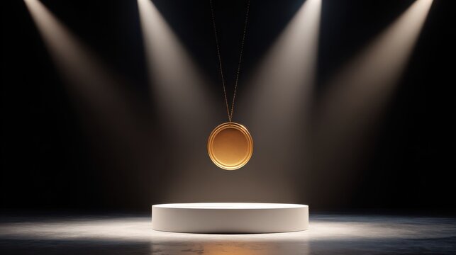 Elegant golden pendant suspended above a circular display in dimmed spotlight