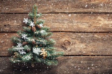 A charming, snow-dusted miniature evergreen branch, artfully arranged to resemble a small festive tree, is prominently displayed against a backdrop of rich, weathered wooden planks. Adorned with natur