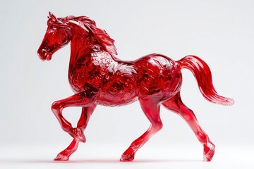 A stunning translucent red horse sculpture, meticulously crafted from a vibrant, clear material, possibly resin or polished glass, glowing with rich crimson hues. This majestic equine form features de
