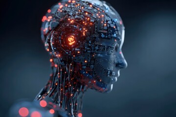 A captivating profile view of an advanced humanoid form, intricately constructed with visible circuit boards, wires, and glowing red and blue light elements. This abstract representation evokes concep