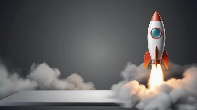 3D rendering of a white and orange rocket launching from a gray platform into clouds against a dark background with a cinematic feel and dynamic mood.