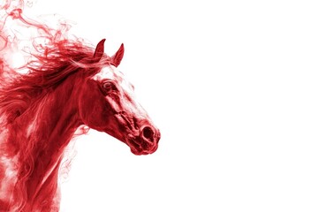 A powerful horse head emerges from a dynamic swirl of vibrant red smoke and flowing abstract textures, creating a striking and artistic visual. The majestic equine form, rendered in intense crimson hu