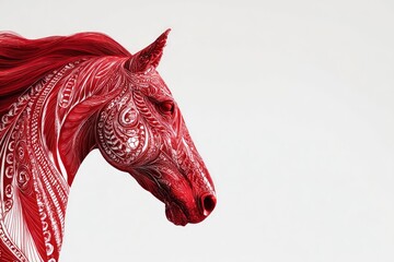 This striking image features the majestic profile of a horse's head and neck, rendered in a bold, vibrant red hue. The animal's form is intricately adorned with delicate white decorative patterns, evo